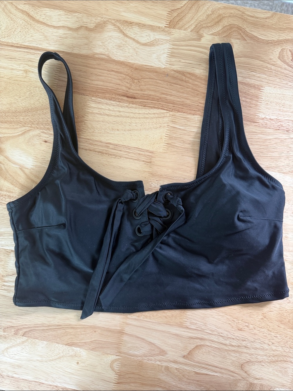 aerie Black Scoop Swim Top with Lace-Up Detail